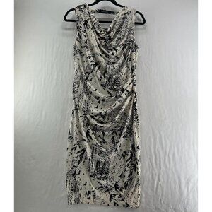 Robert Rodriguez Sheath Midi Dress Size XS Abstract Ruched Cowl Neck Beige Black